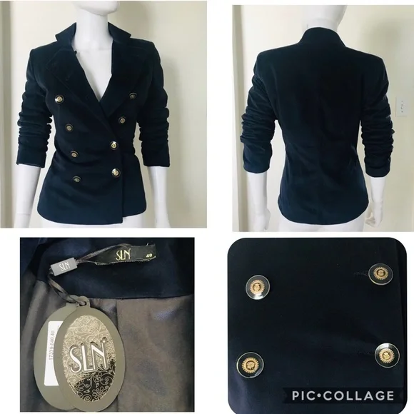 NWT WOMEN VELOUR BLAZER DOUBLE-BREASTED‎ LINED MILITARY JACKET IN NAVY - Picture 2 of 6